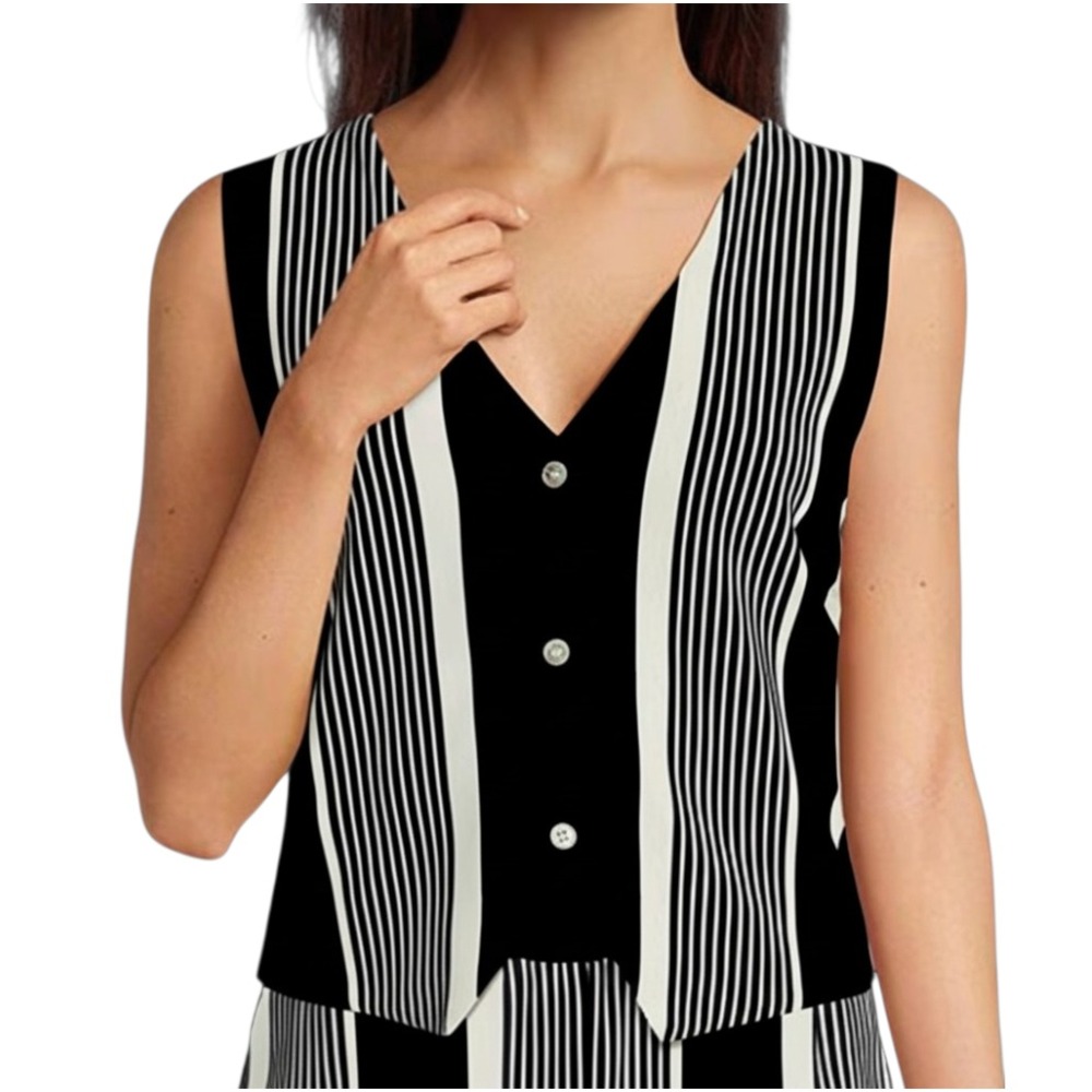 NWT Skies Are Blue BLACK & WHITE STRIPE Button-Up Top Tank Vest RIBBED KNIT sz M